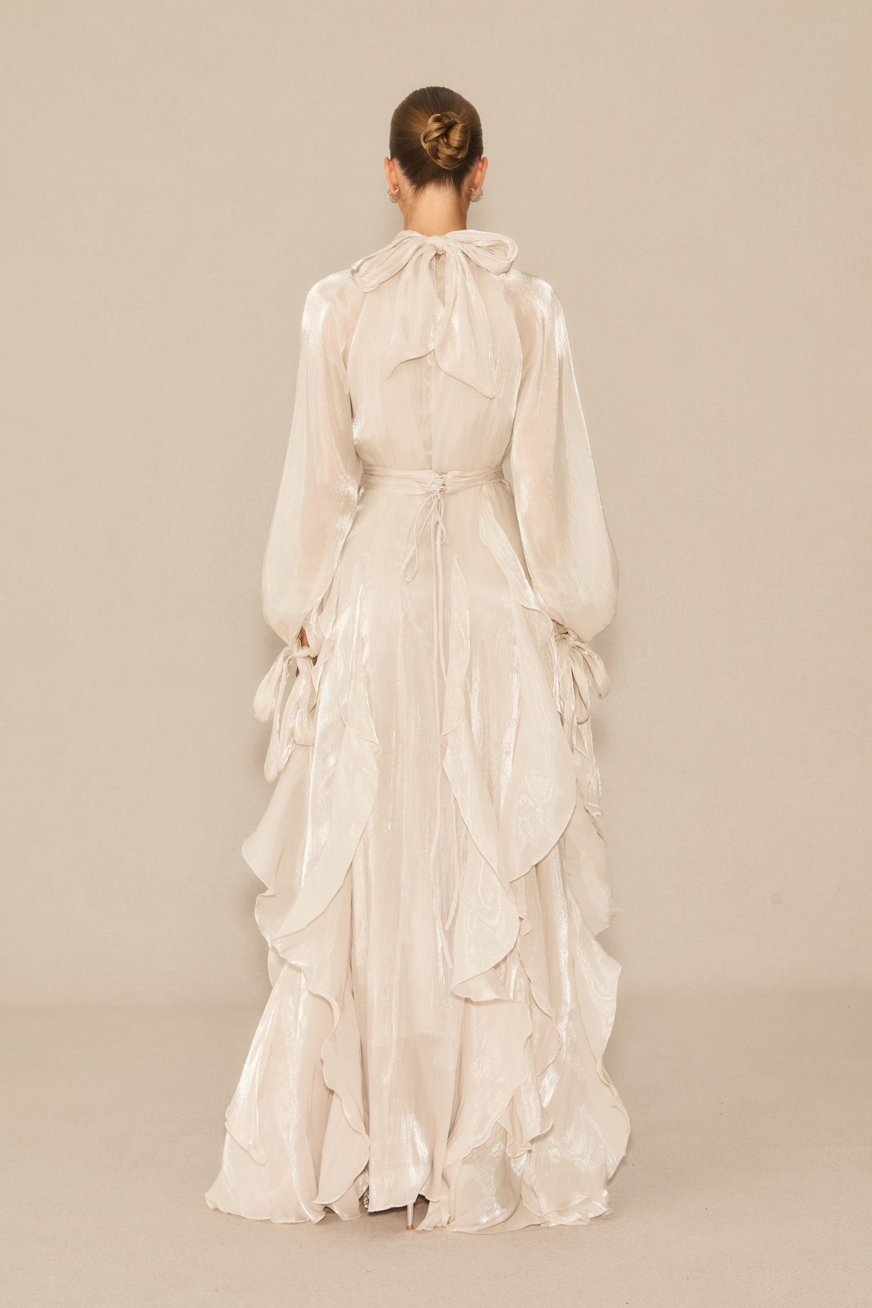Elegant Shimmering High Neck Ruffle Maxi Gown