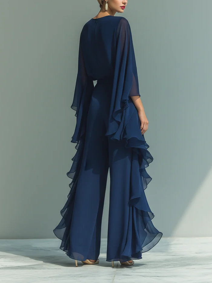 Elegant Navy Blue Chiffon Ruffled Set