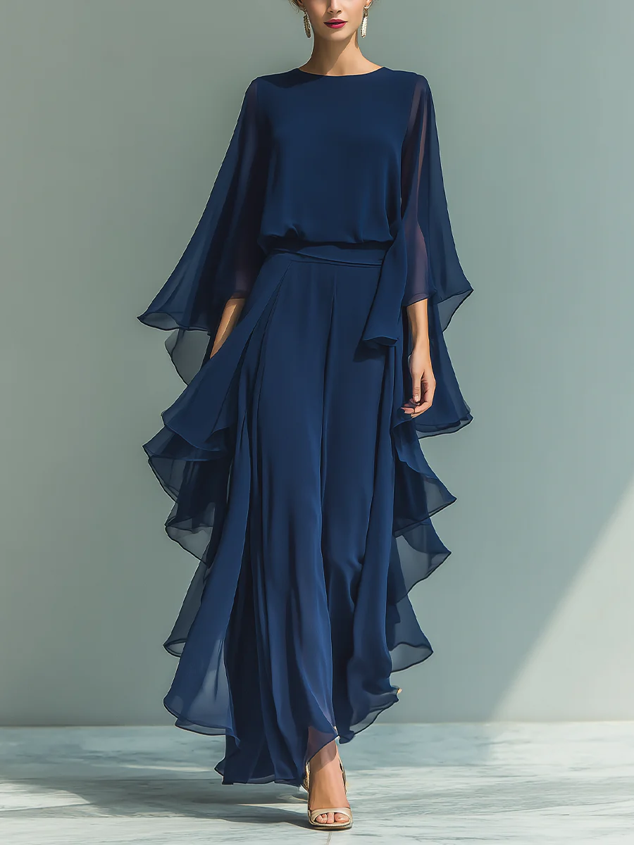 Elegant Navy Blue Chiffon Ruffled Set
