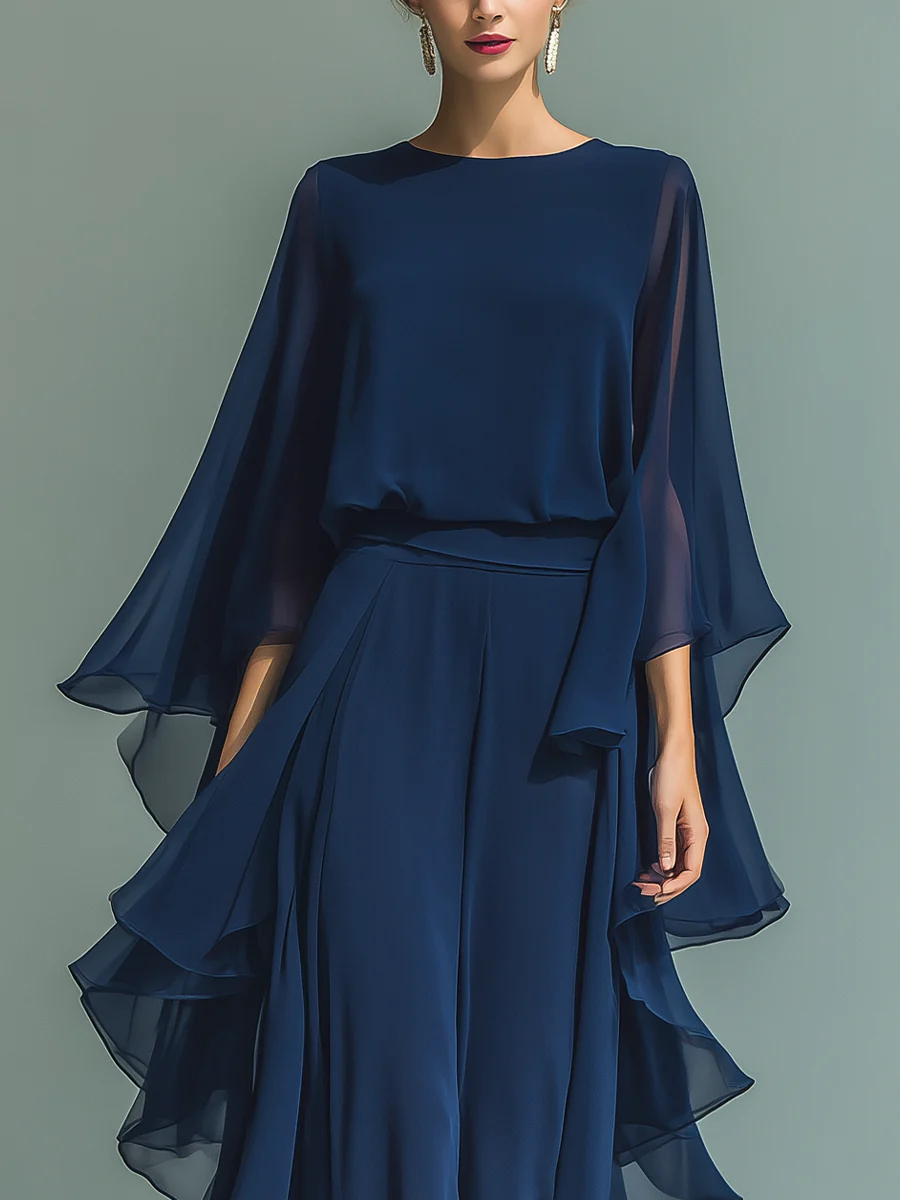 Elegant Navy Blue Chiffon Ruffled Set