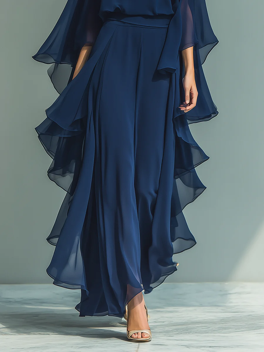 Elegant Navy Blue Chiffon Ruffled Set