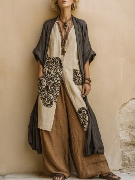 Artistic Boho Tribal Print Linen Two-Piece Set