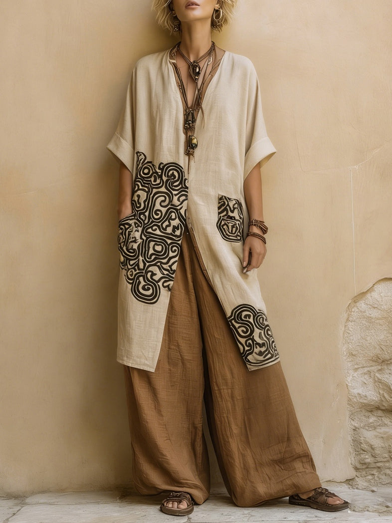 Artistic Boho Tribal Print Linen Two-Piece Set