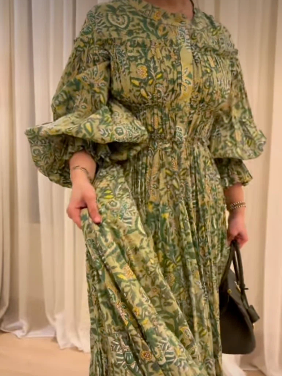Green printed pleated maxi dress