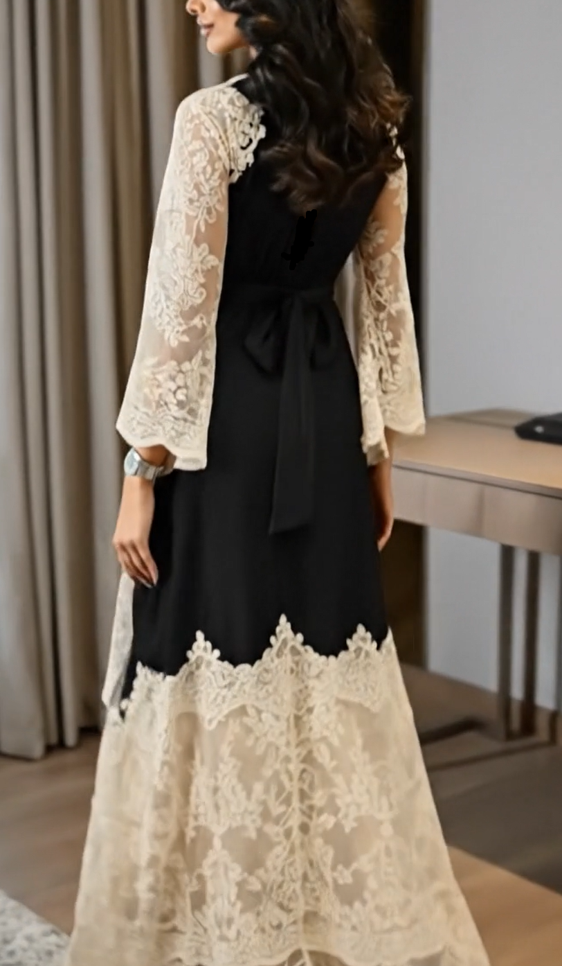 Elegant vintage two-piece dress with black and white lace stitching