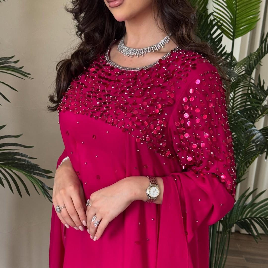 Fuchsia Pink Modest Maxi Dress with Embellished Neckline