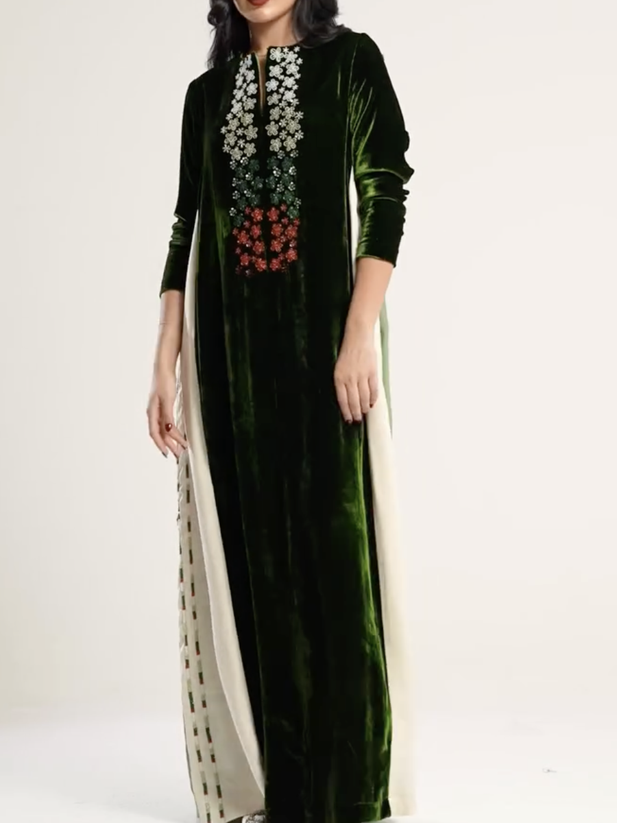 Dark green velvet pink maxi dress