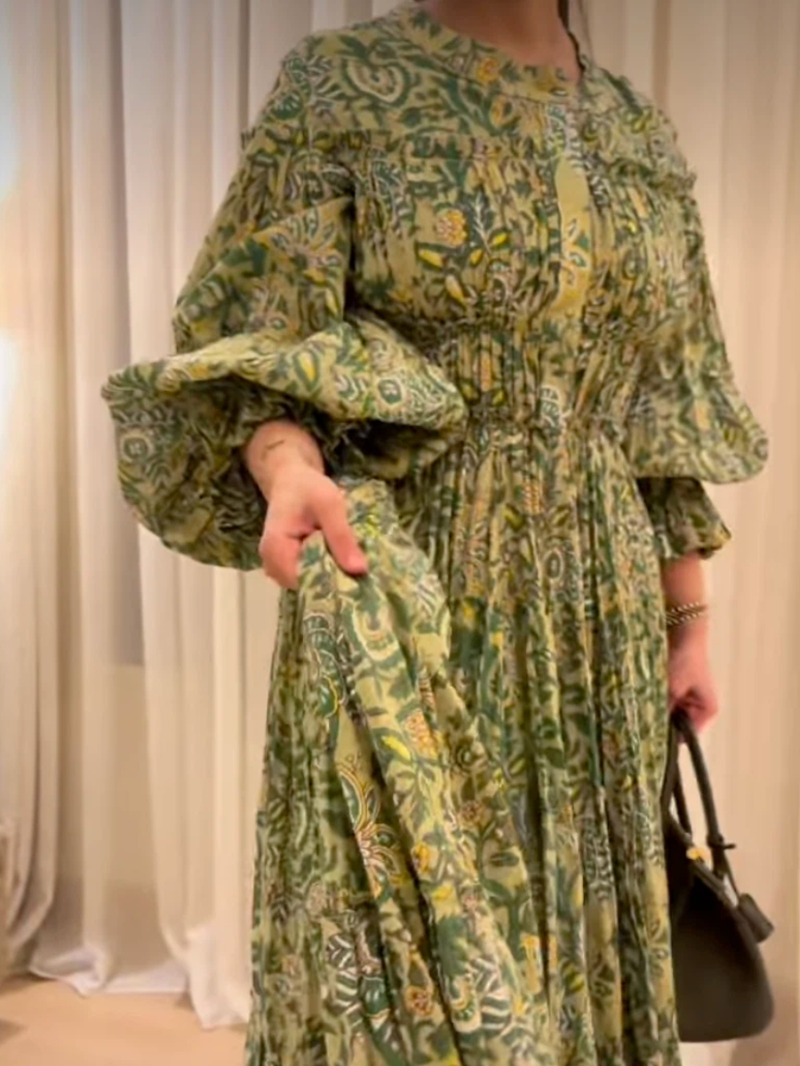 Green printed pleated maxi dress