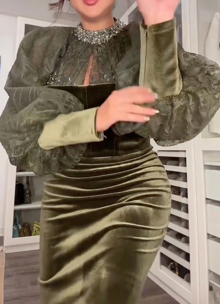 Velvet maxi dress with puff sleeves and rhinestone embellishments in olive green lace