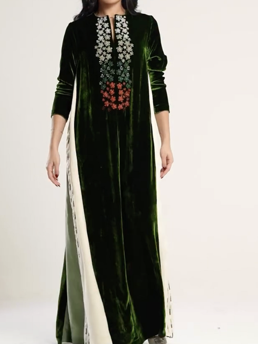 Dark green velvet pink maxi dress
