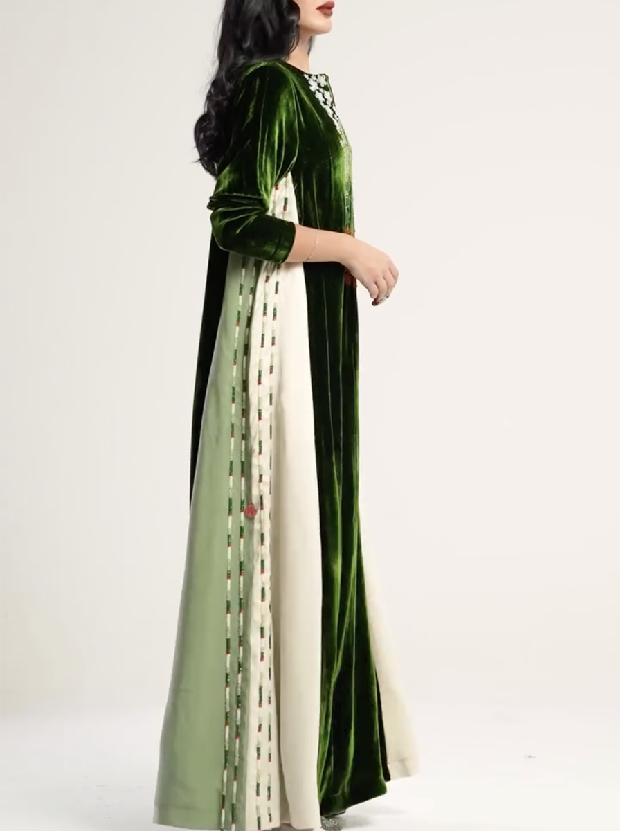 Dark green velvet pink maxi dress