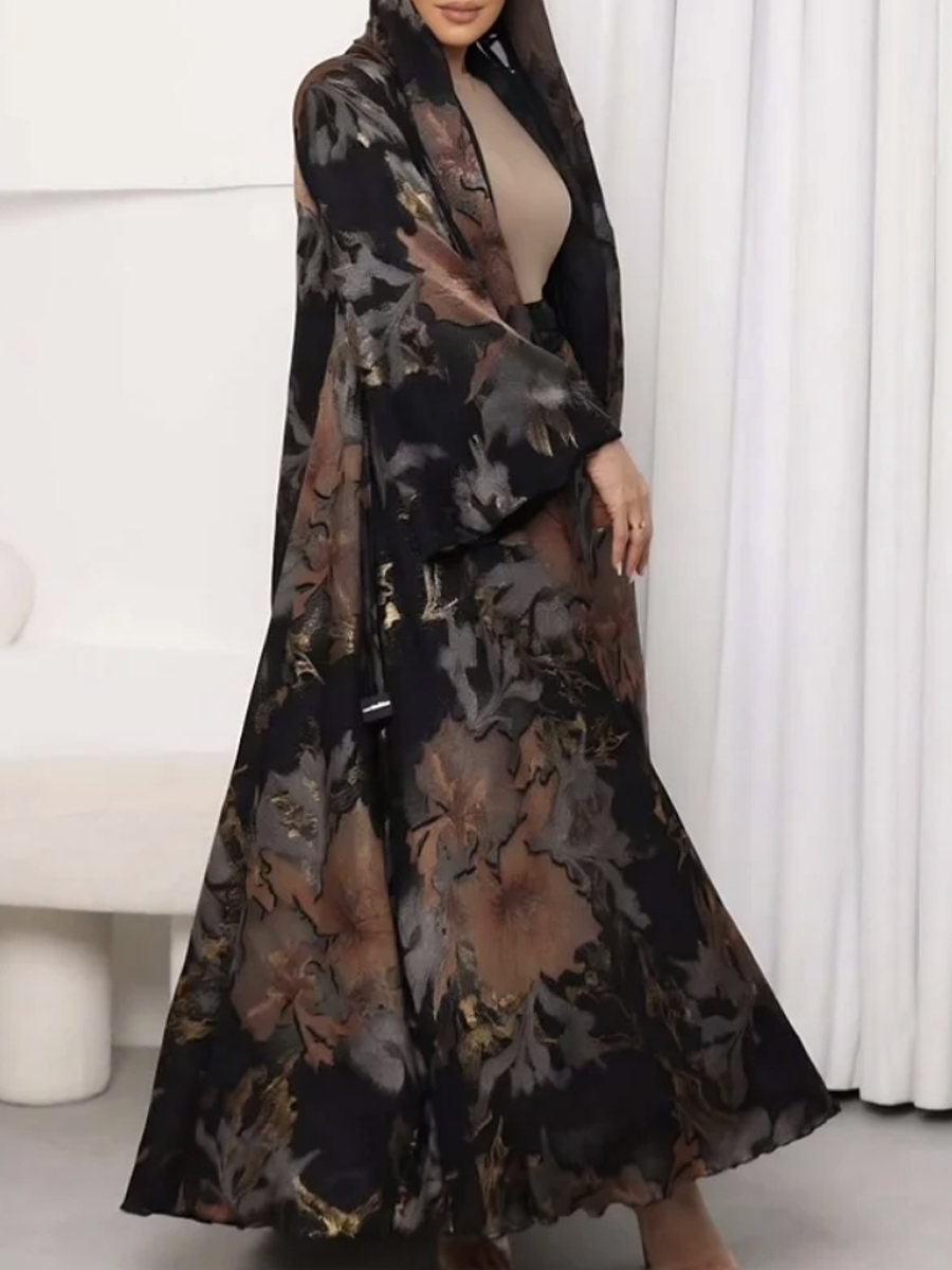 Long black and gold patterned robe with skirt and headpiece (three-piece set)