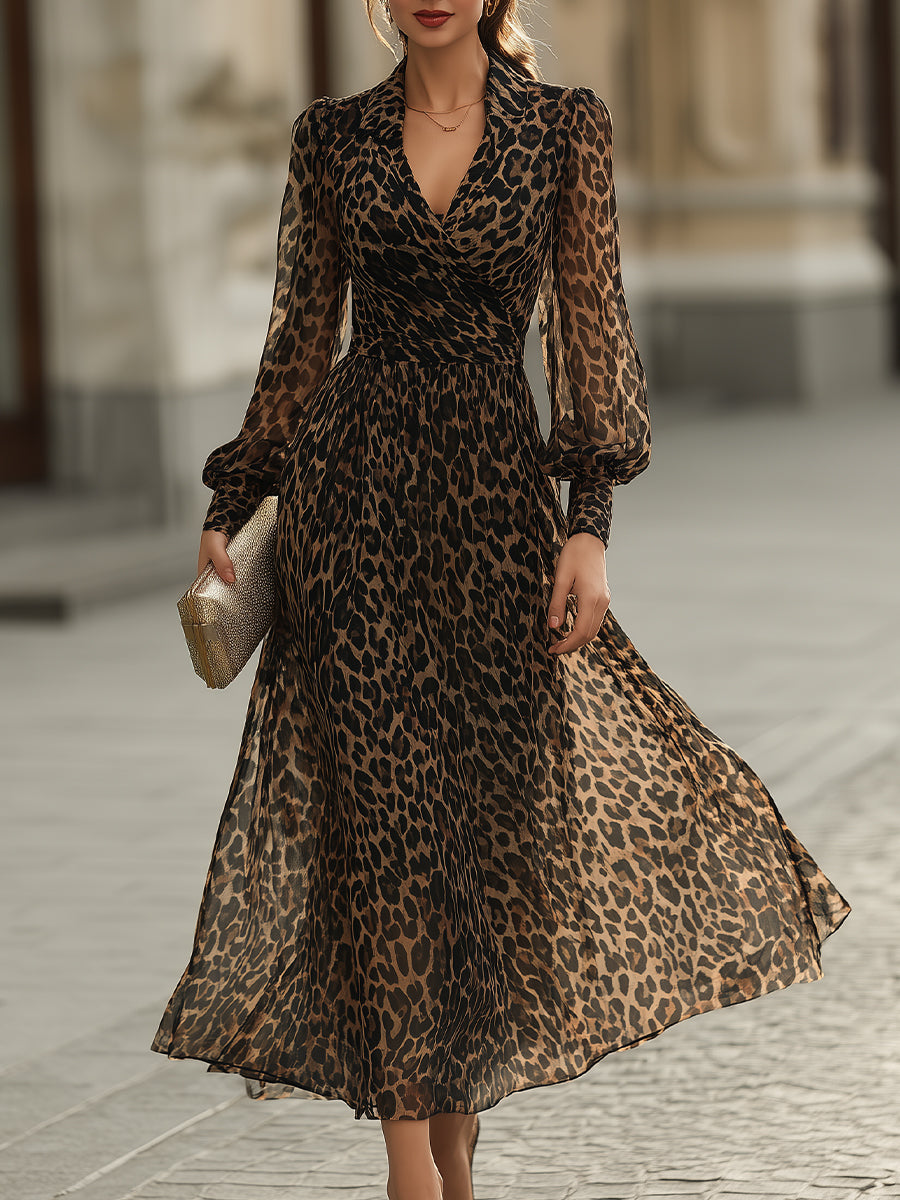 Elegant Leopard Print Long Sleeve Wrap Dress