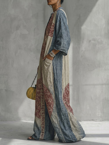 Vintage Print Loose Wide Leg Jumpsuit with Pockets