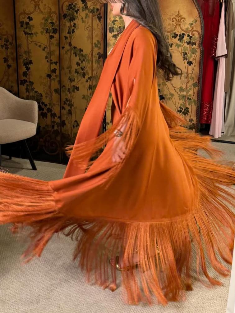 Luxurious orange abaya and dress set with fringe