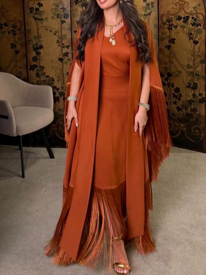 Luxurious orange abaya and dress set with fringe