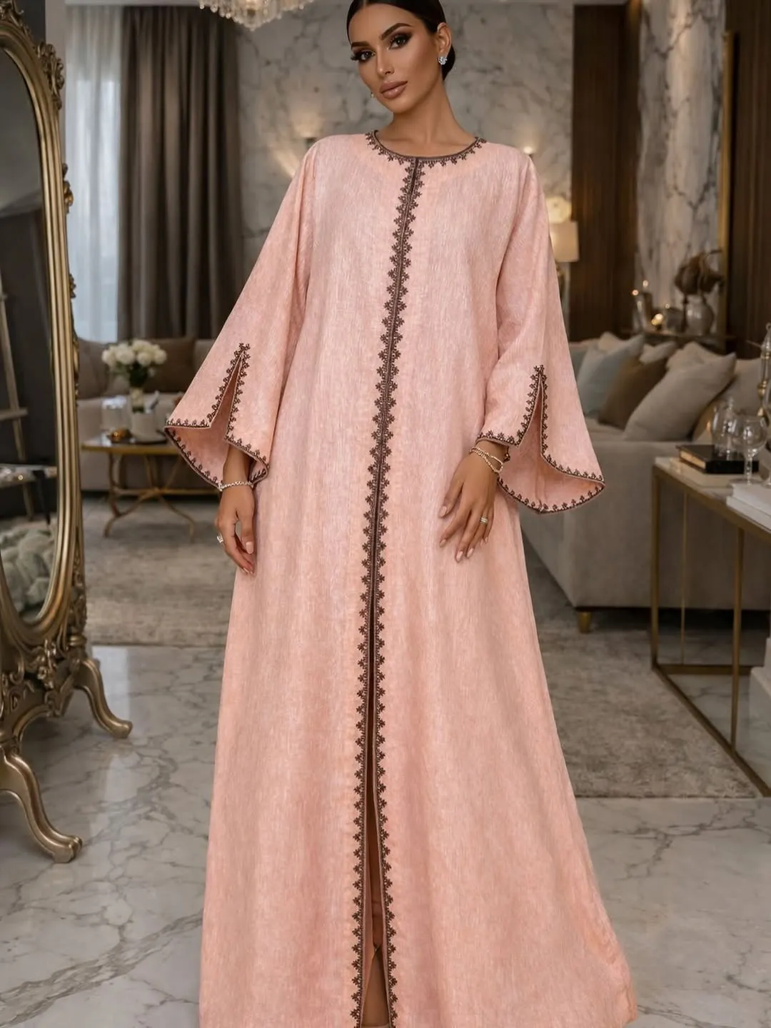 Elegant peach kaftan with luxurious embroidery