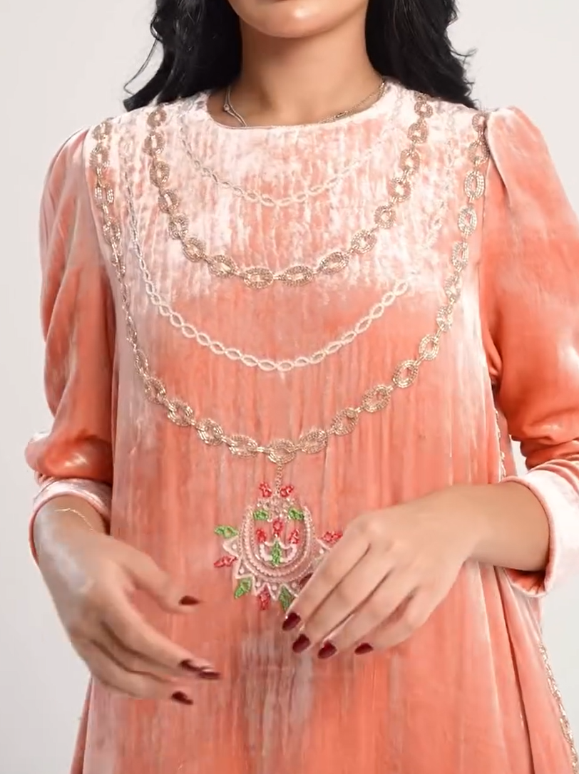 A luxurious velvet dress in light pink, decorated with embroidery.