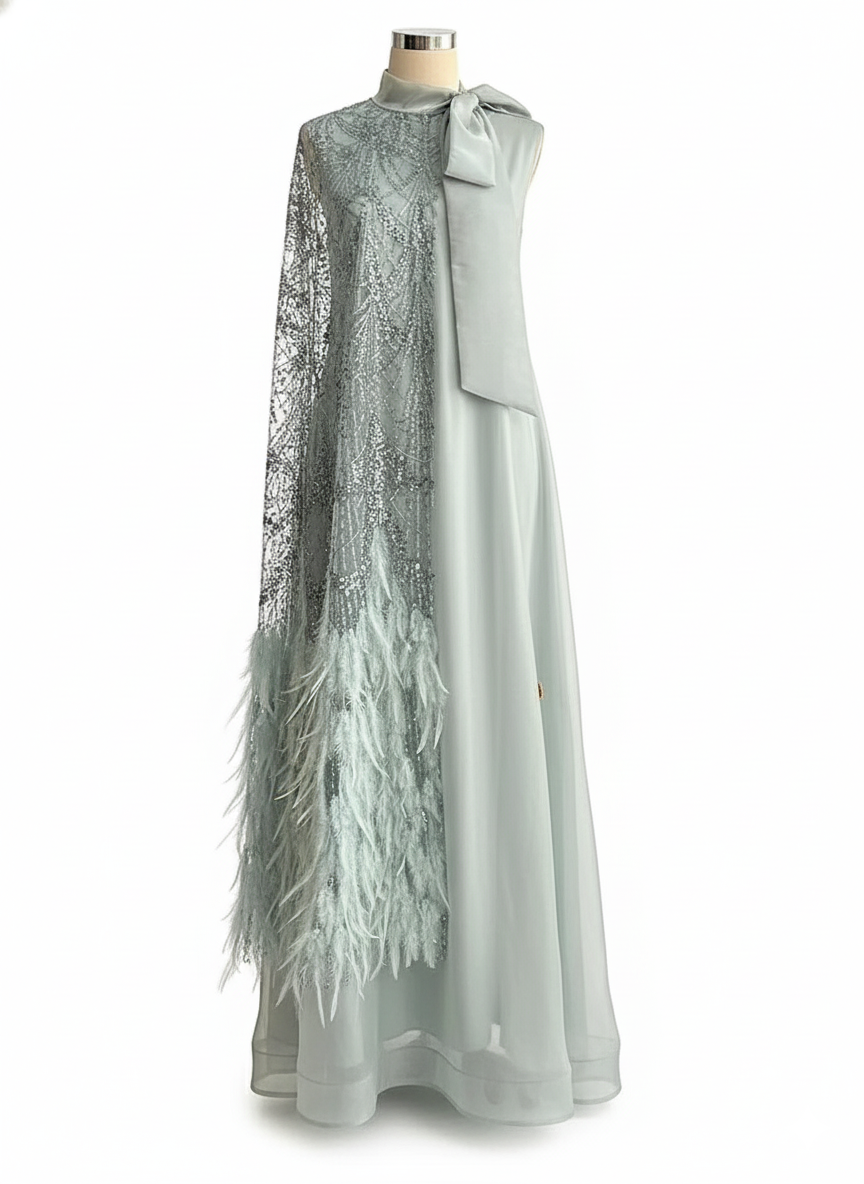 Light blue dress decorated with butterfly feathers and sequins (promotional price)