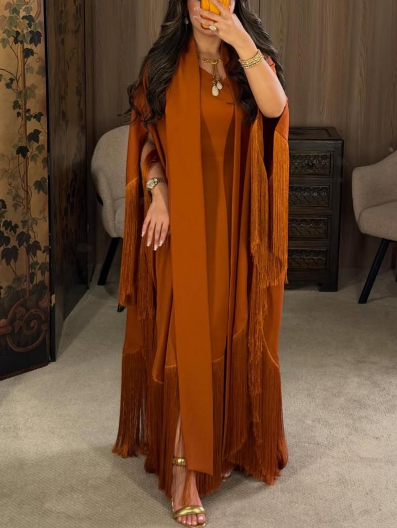 Luxurious orange abaya and dress set with fringe