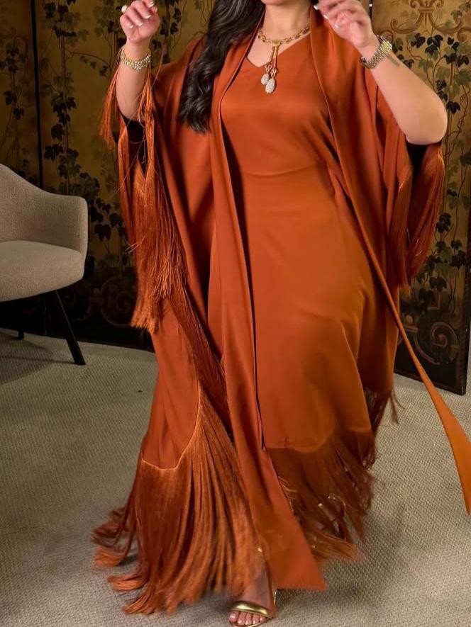 Luxurious orange abaya and dress set with fringe