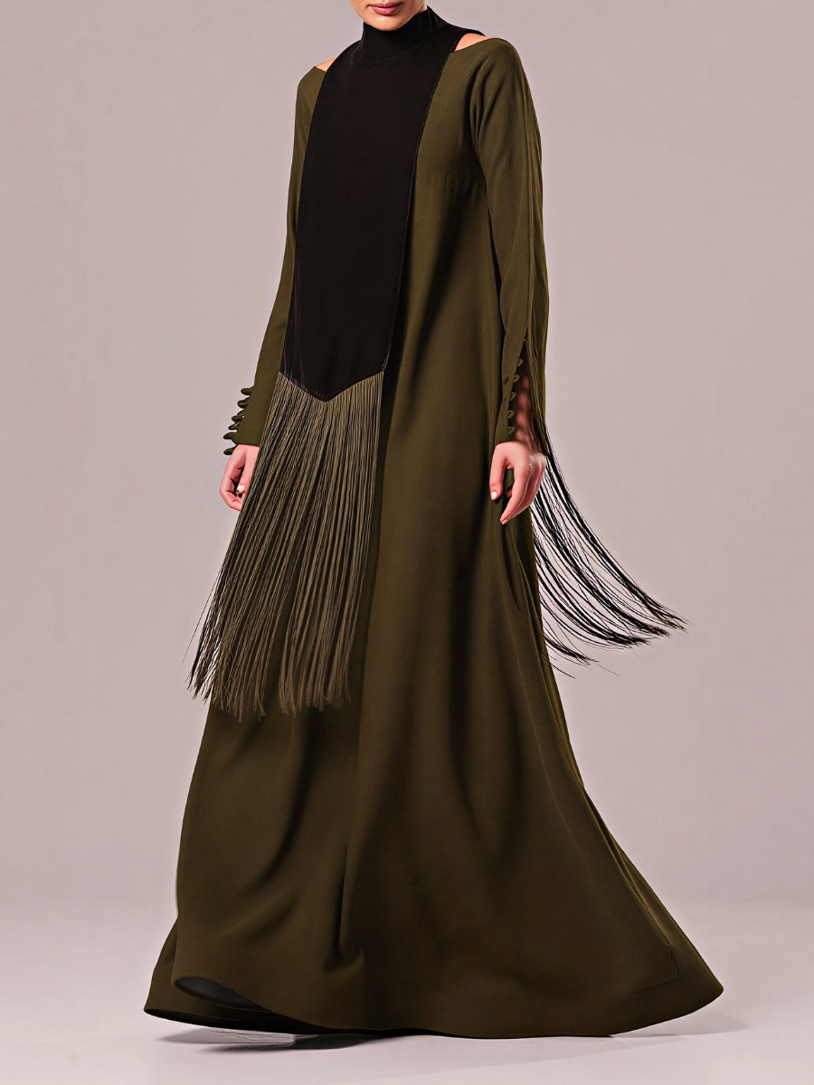 Dark green cape abaya with a modern design and tassels