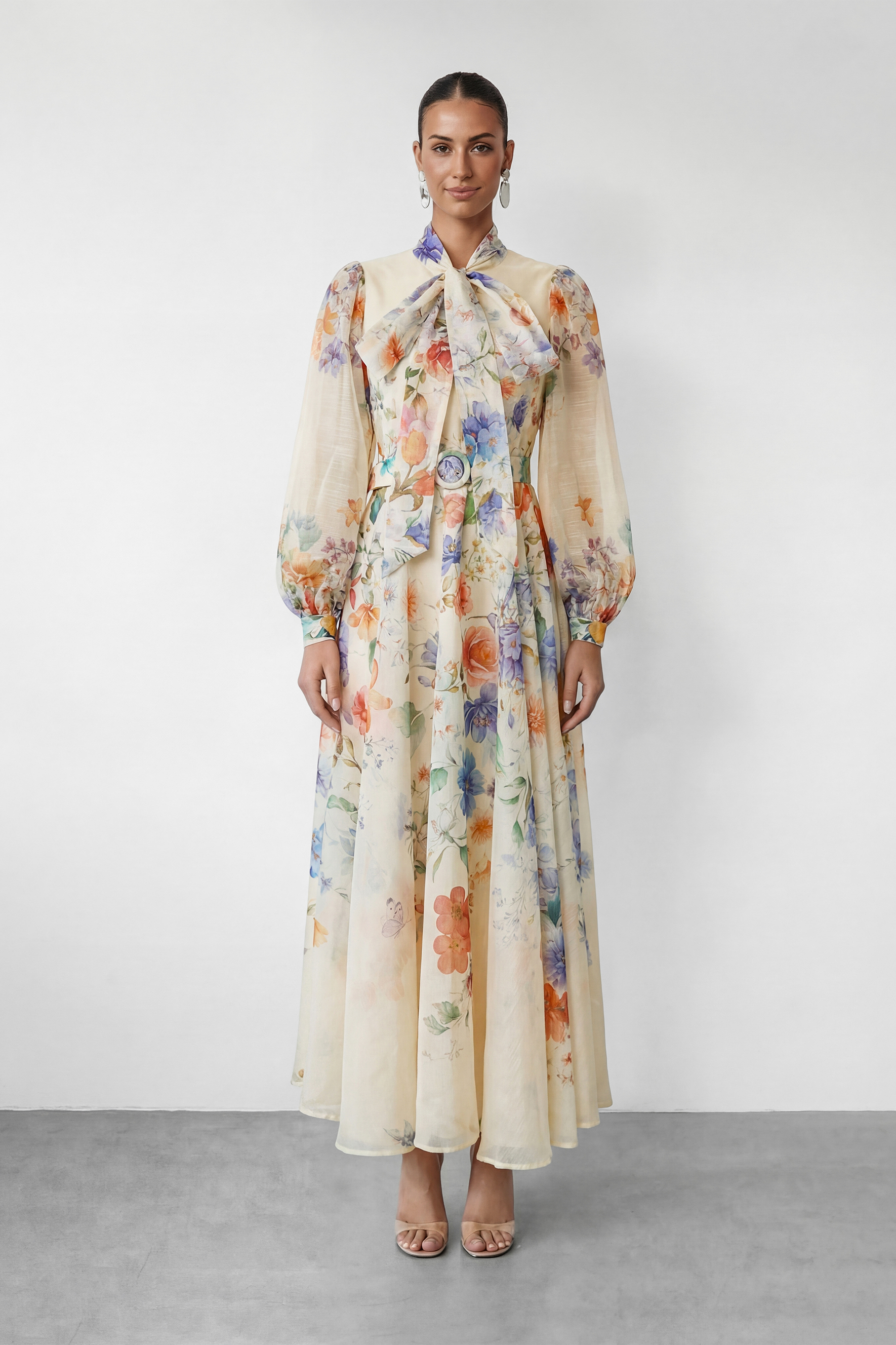 Elegant Floral Bow Maxi Dress with Balloon Sleeves