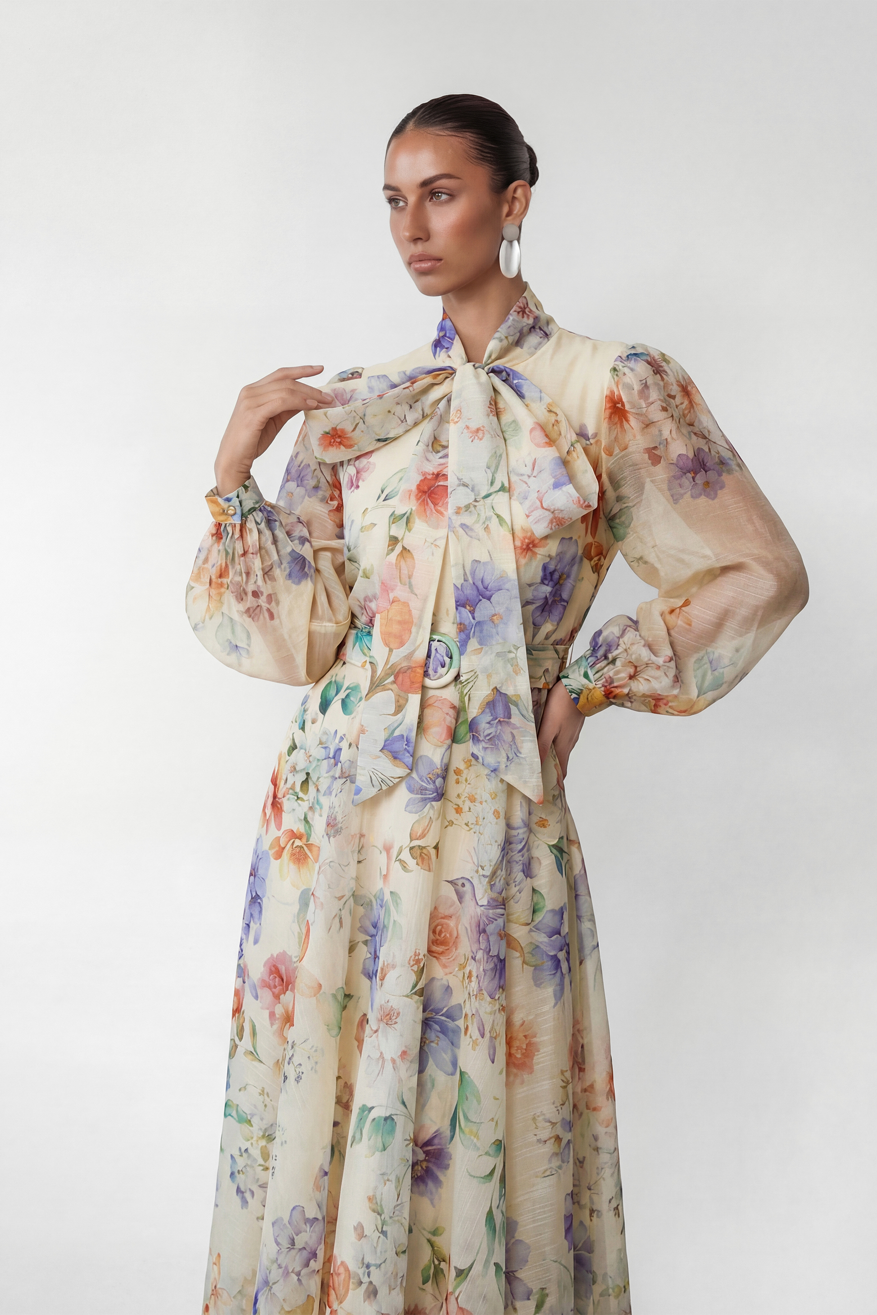 Elegant Floral Bow Maxi Dress with Balloon Sleeves
