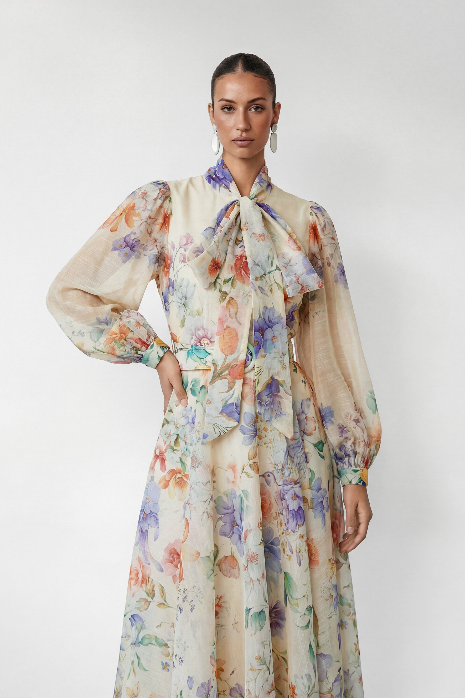 Elegant Floral Bow Maxi Dress with Balloon Sleeves