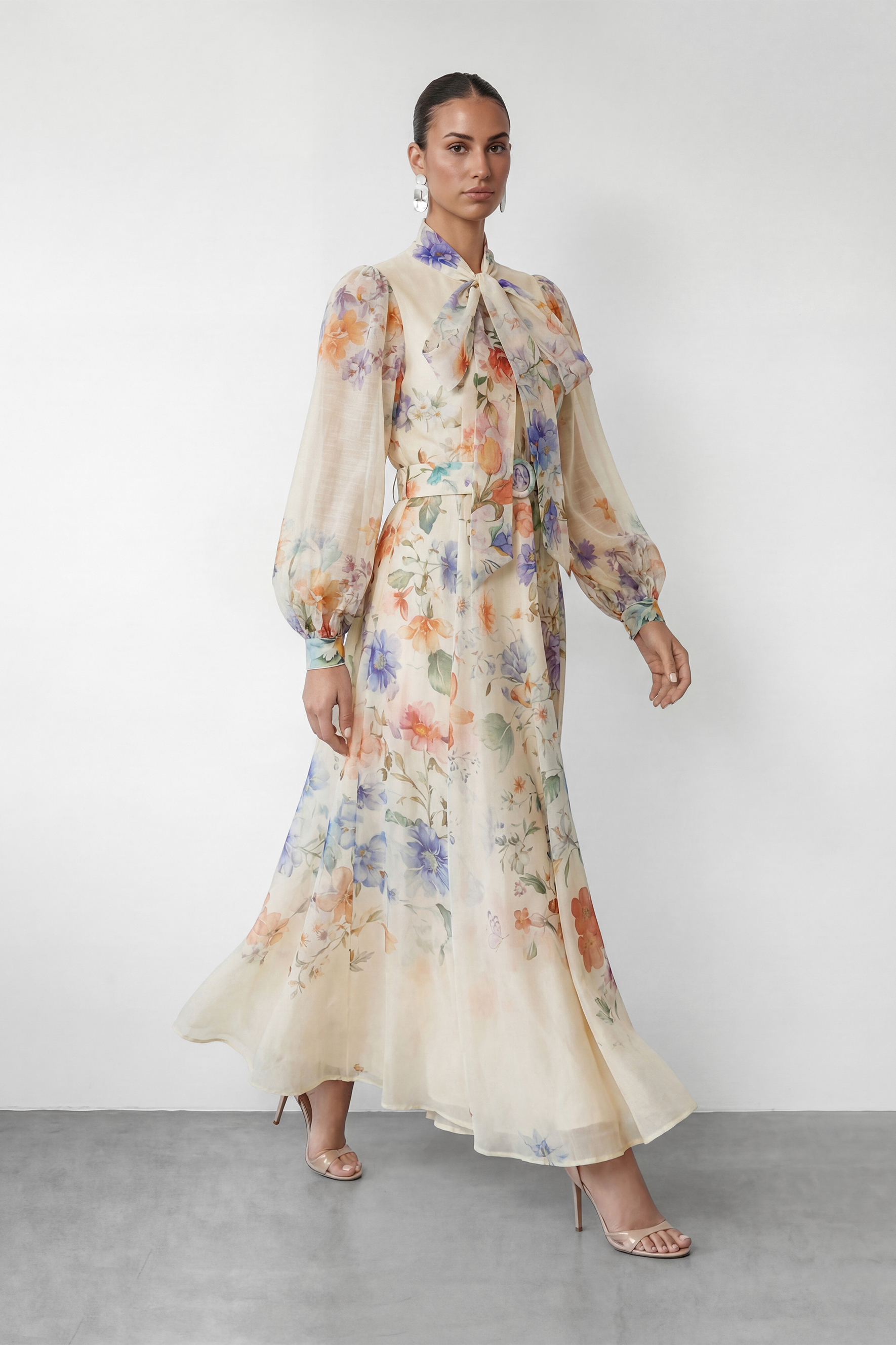 Elegant Floral Bow Maxi Dress with Balloon Sleeves