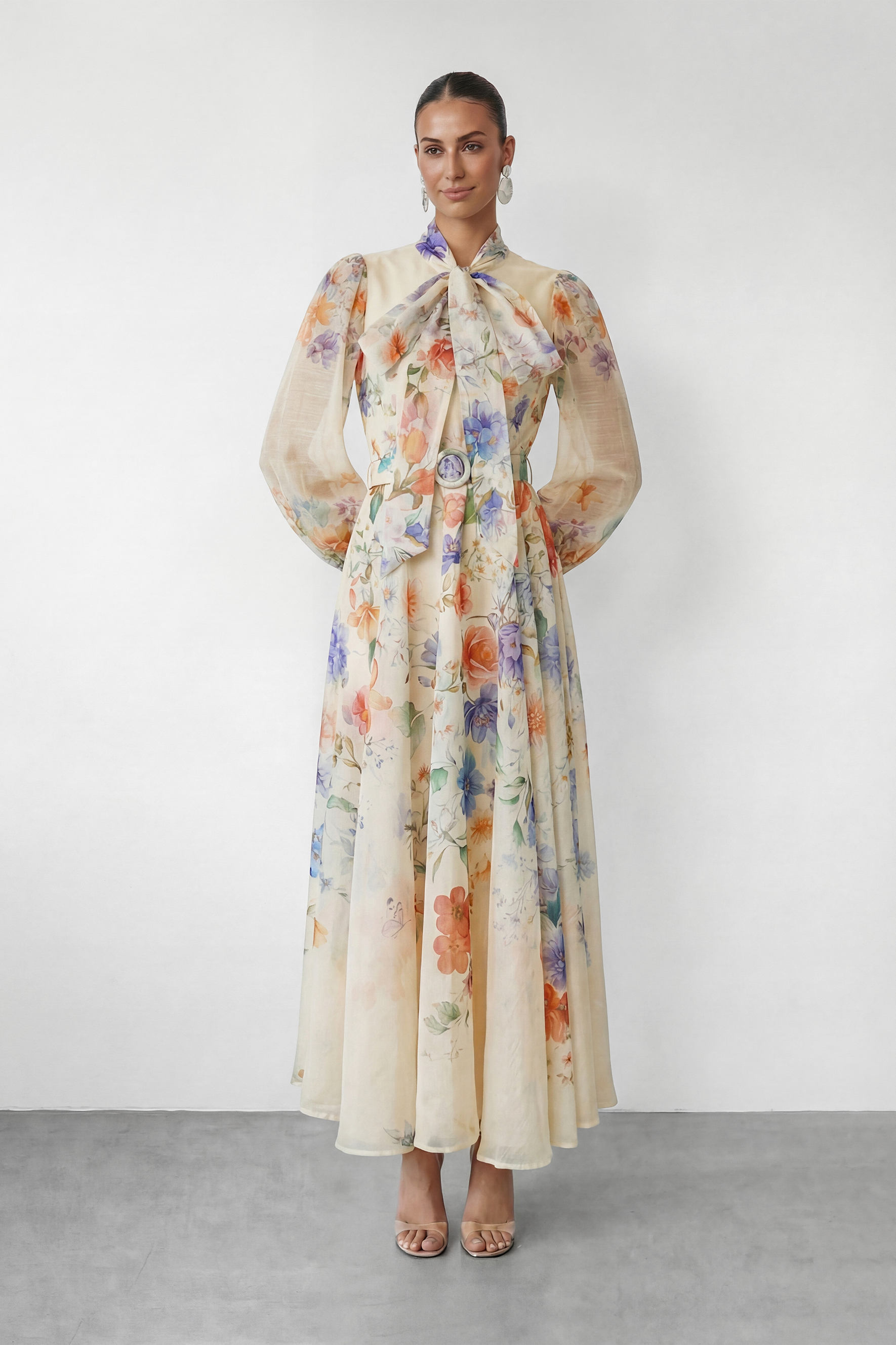 Elegant Floral Bow Maxi Dress with Balloon Sleeves