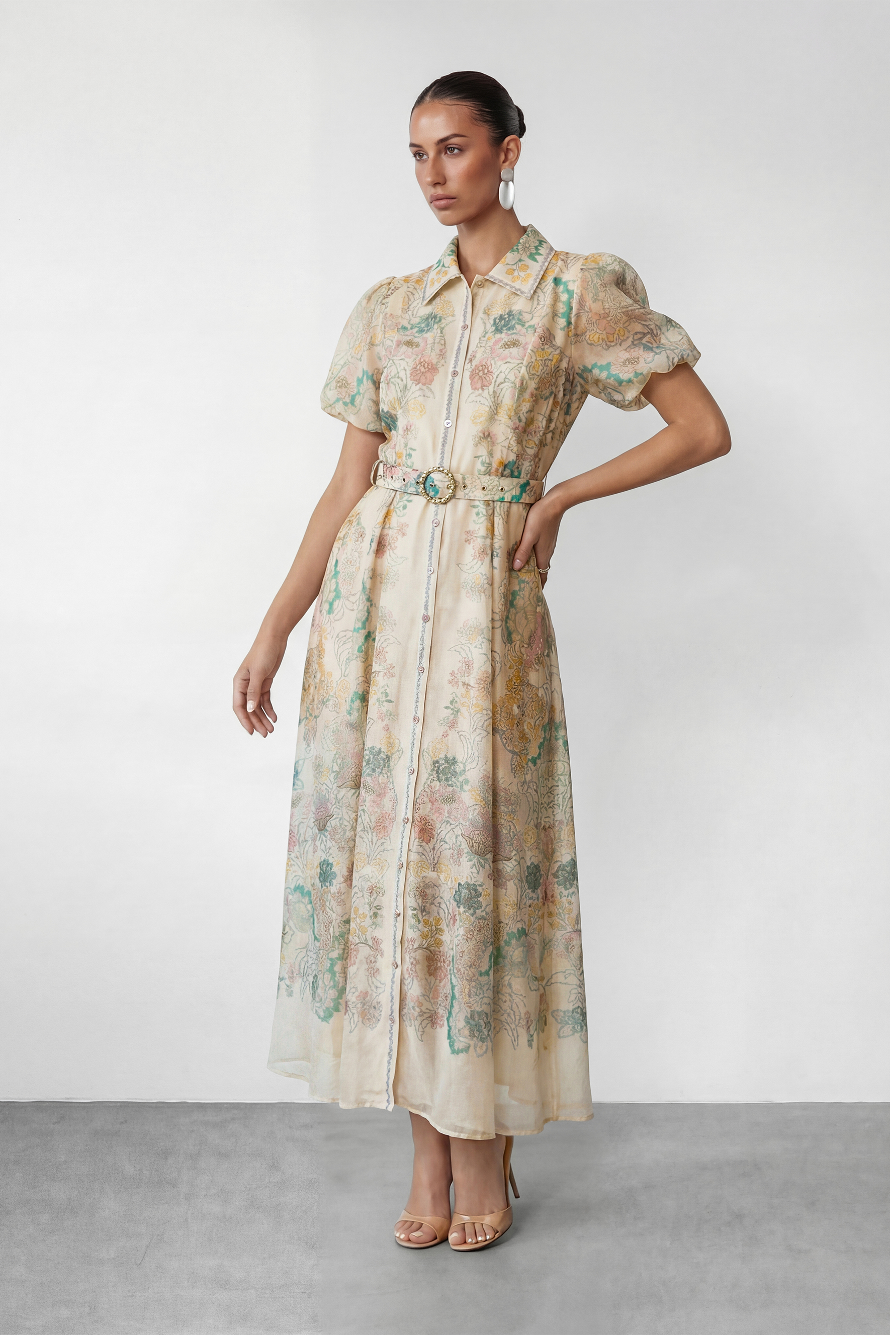 Floral Print Belted Midi Shirt Dress