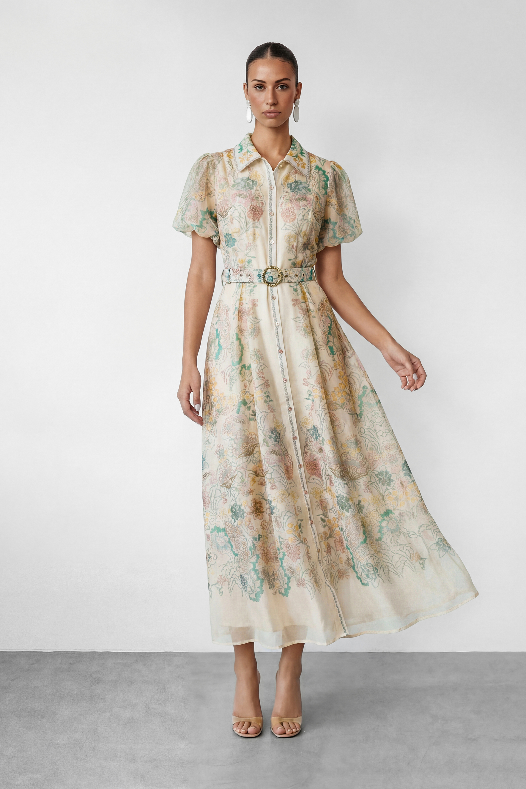 Floral Print Belted Midi Shirt Dress