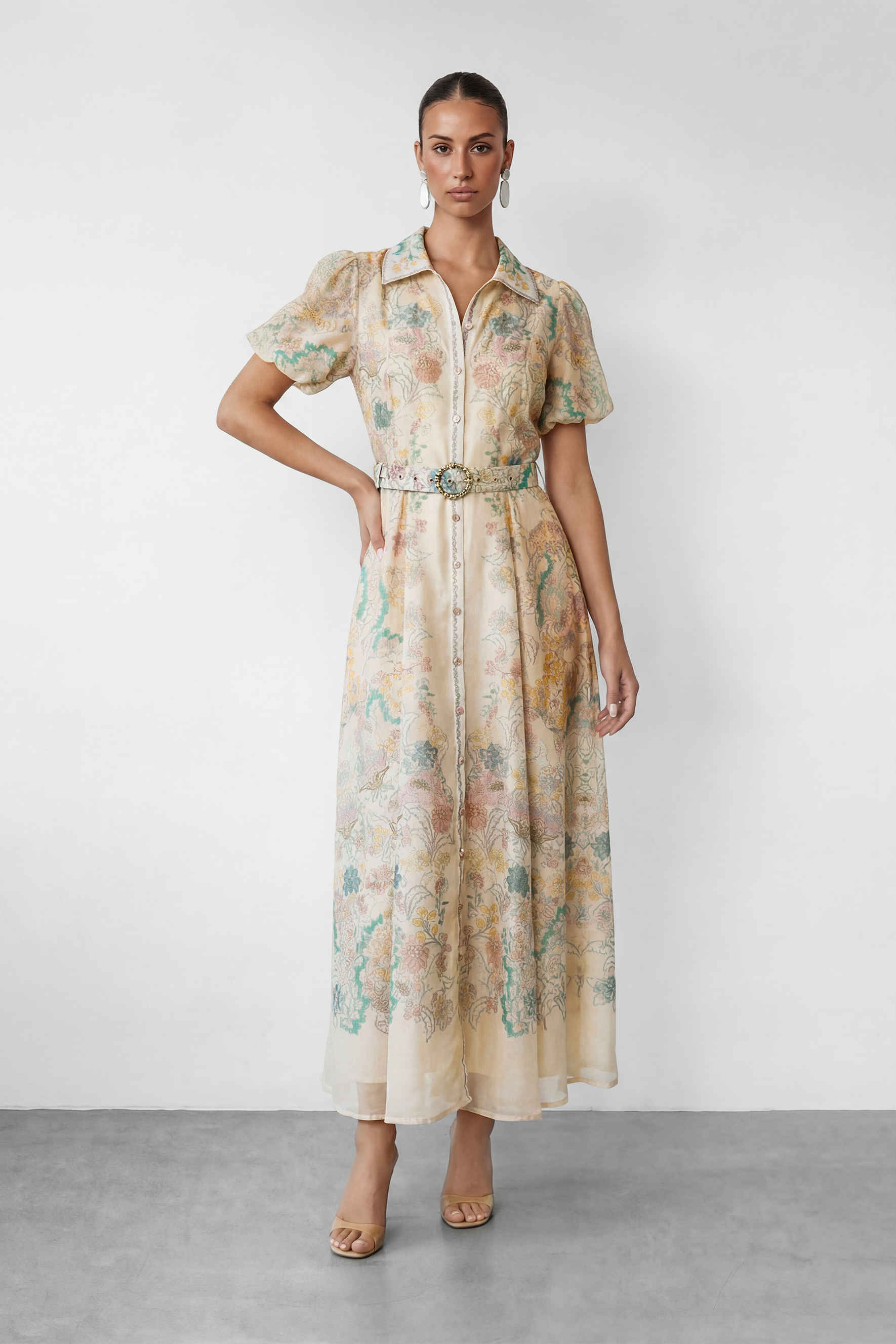 Floral Print Belted Midi Shirt Dress