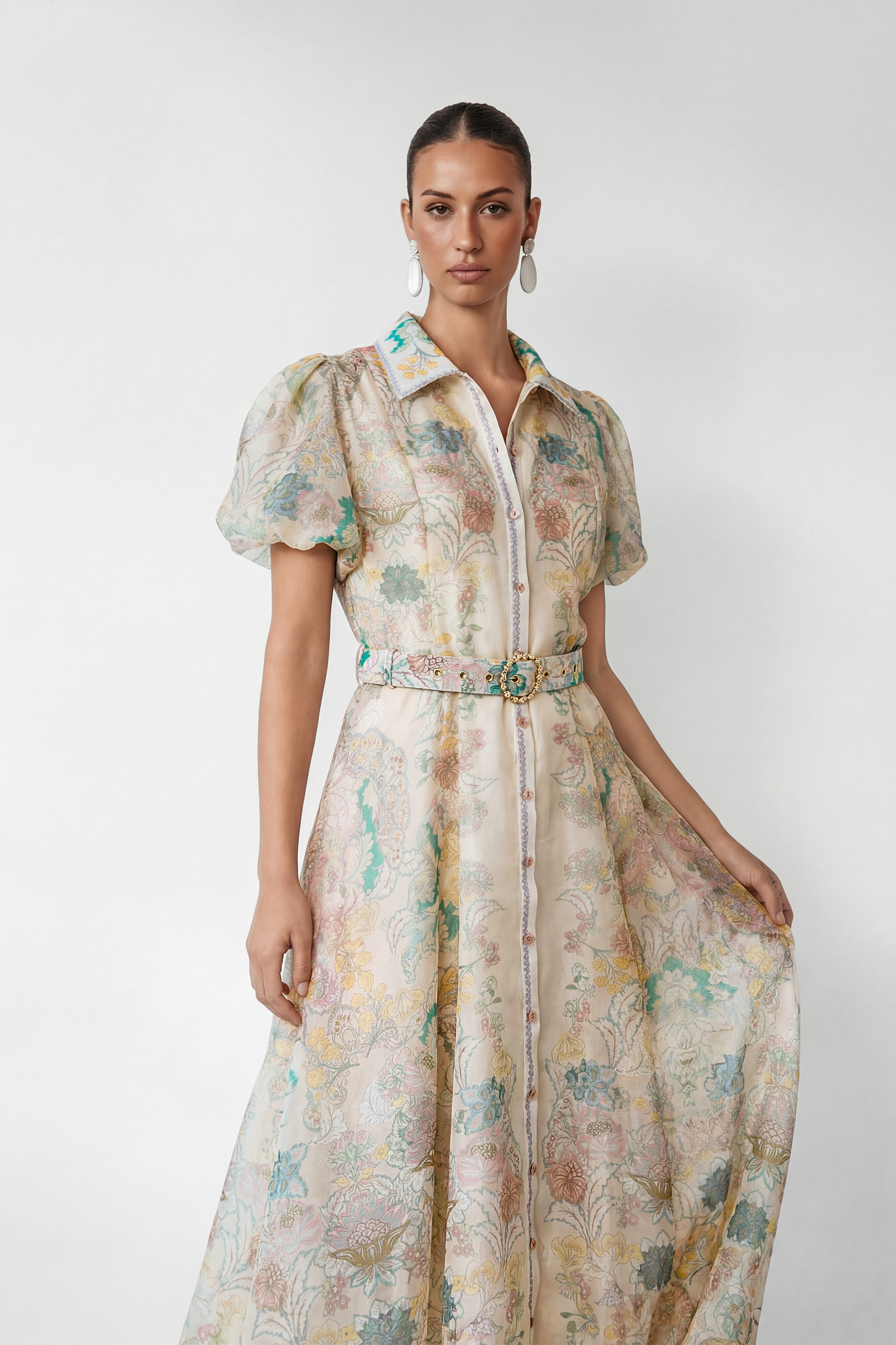 Floral Print Belted Midi Shirt Dress