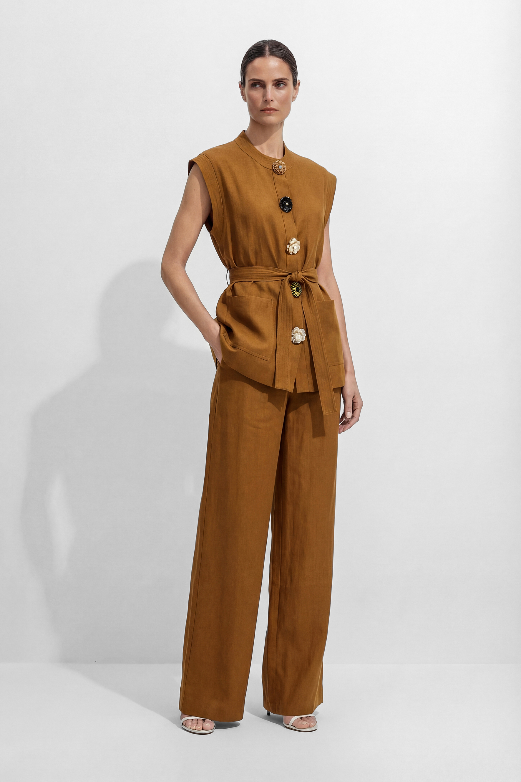 Ochre Decorative Button Vest and Wide-Leg Pants Set