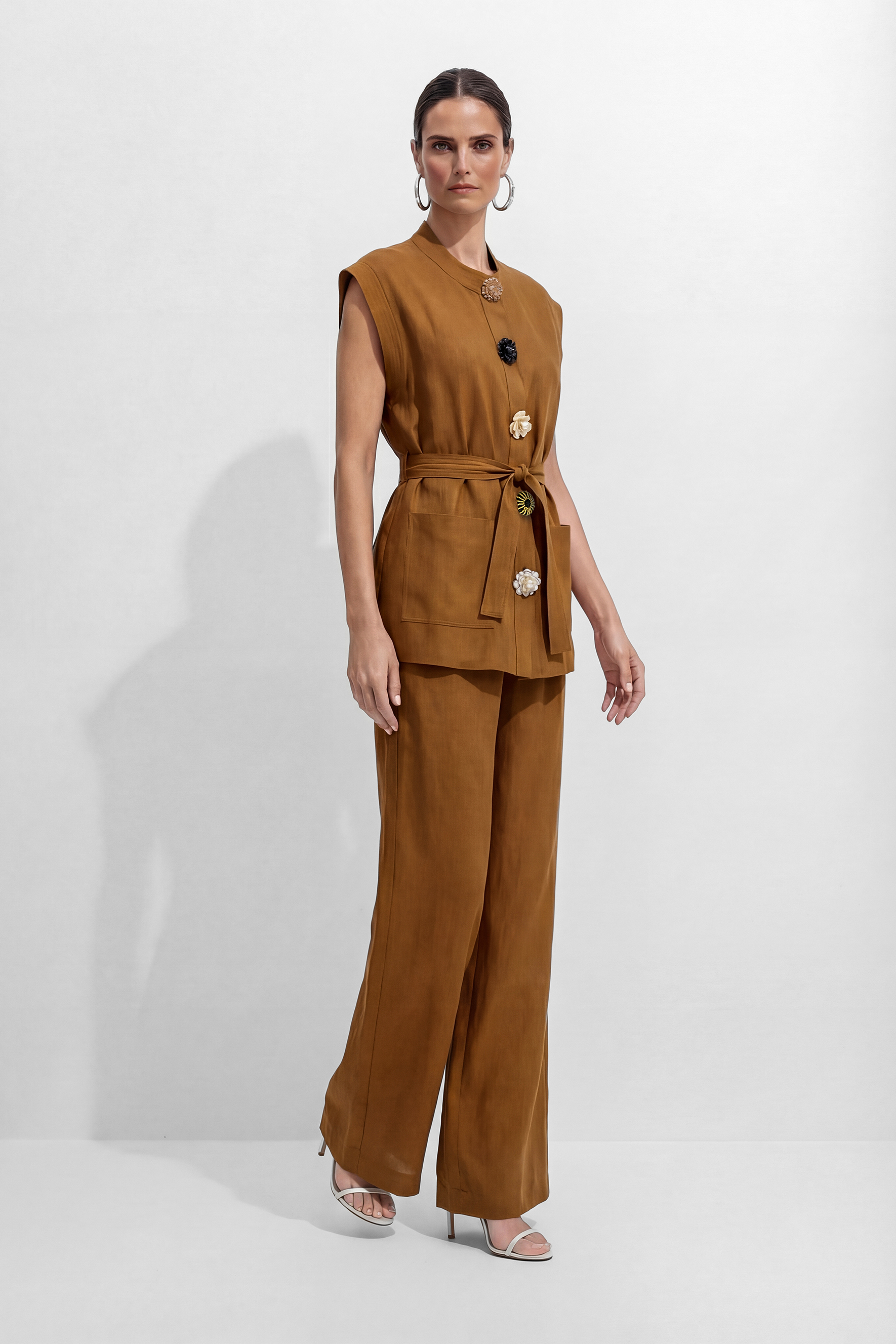 Ochre Decorative Button Vest and Wide-Leg Pants Set