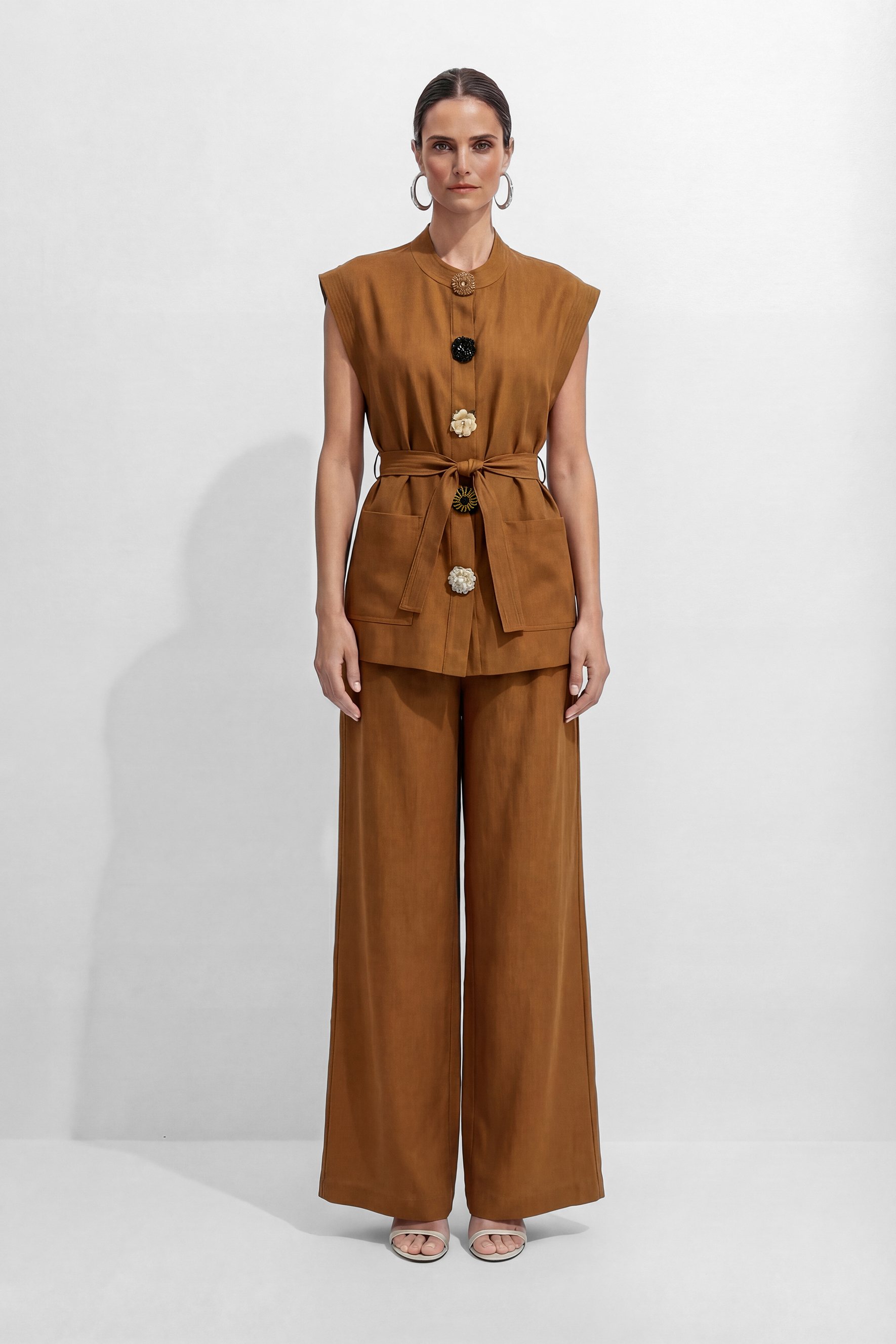 Ochre Decorative Button Vest and Wide-Leg Pants Set