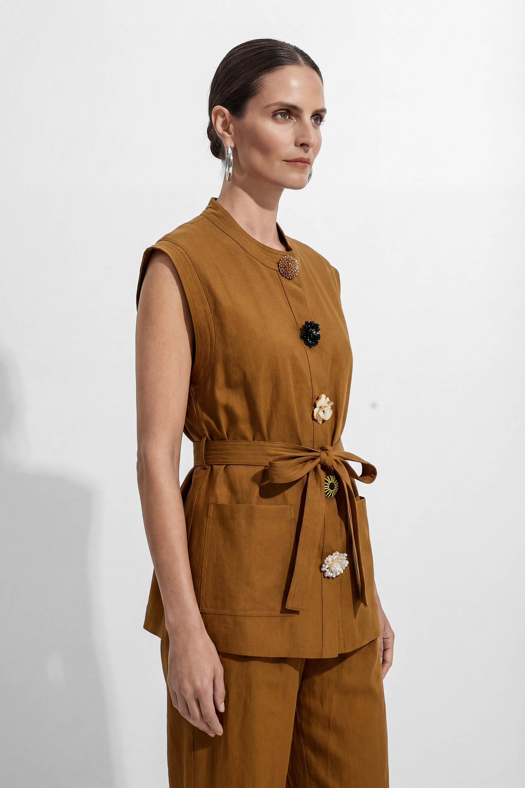 Ochre Decorative Button Vest and Wide-Leg Pants Set