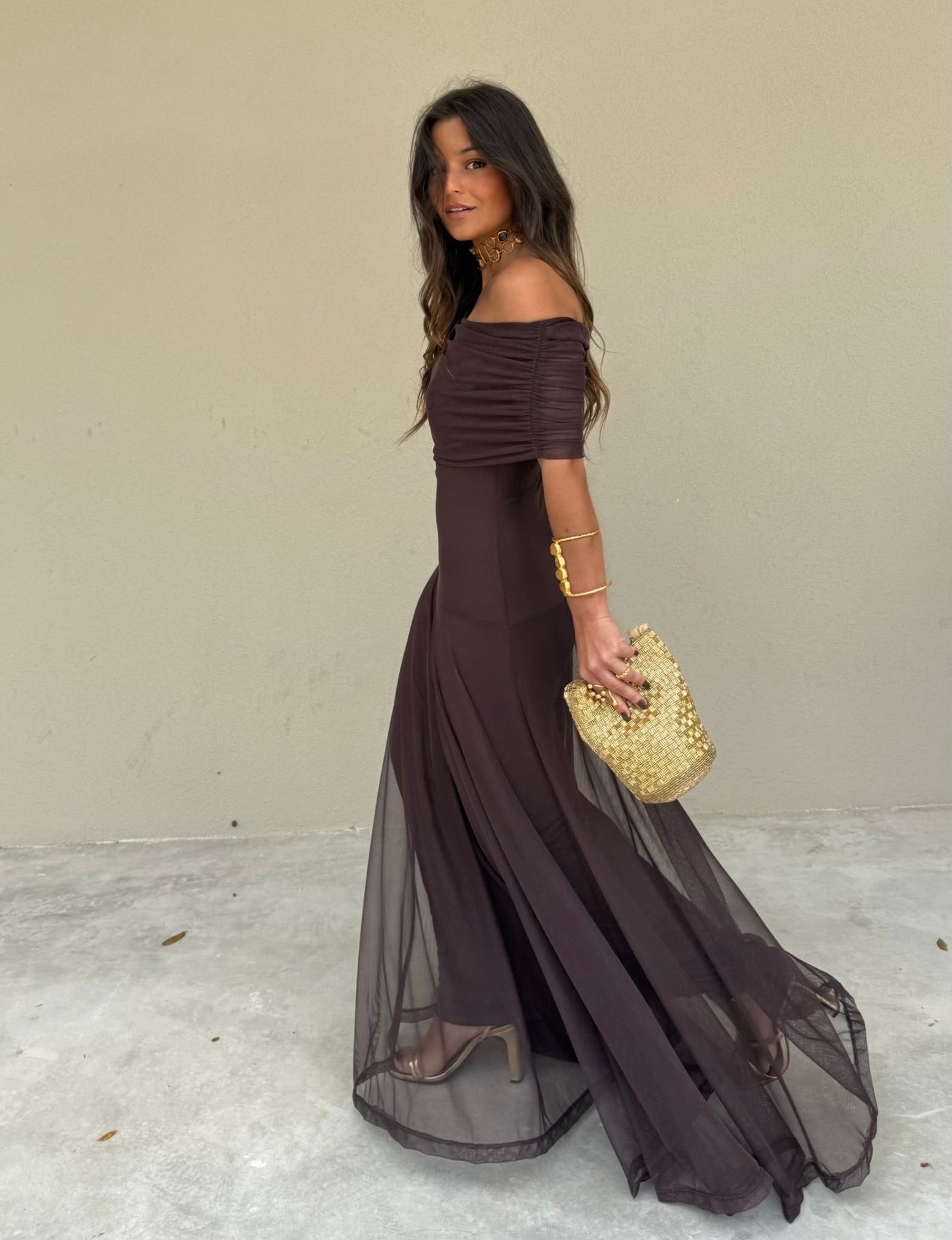 Elegant Ruched Off-the-Shoulder Mesh Maxi Dress