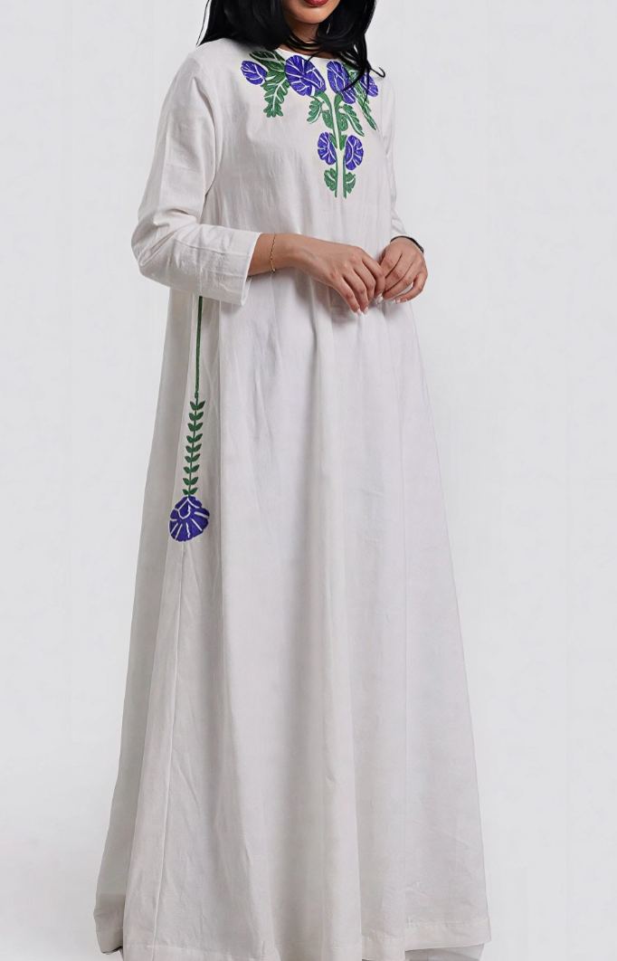 Elegant long white dress with beaded floral embroidery