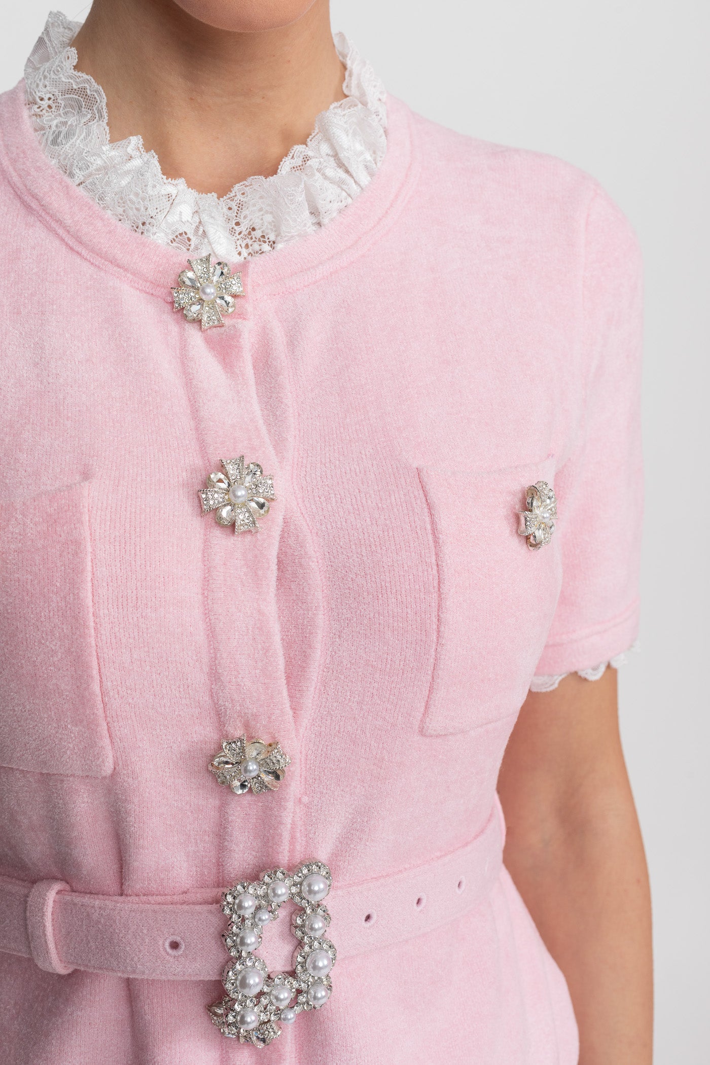 Elegant Pink Textured Two-Piece Set with Lace Collar and Rhinestones