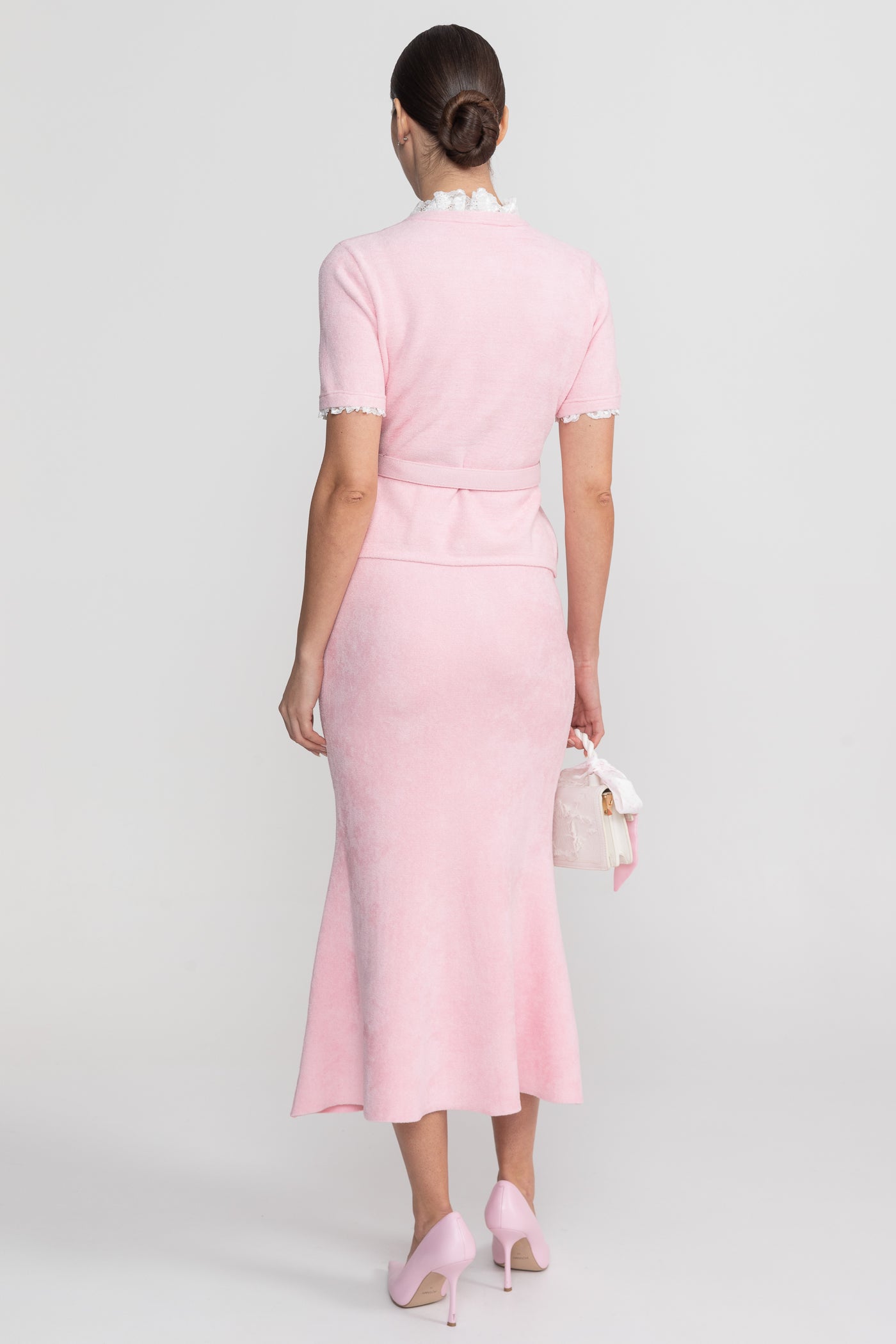 Elegant Pink Textured Two-Piece Set with Lace Collar and Rhinestones