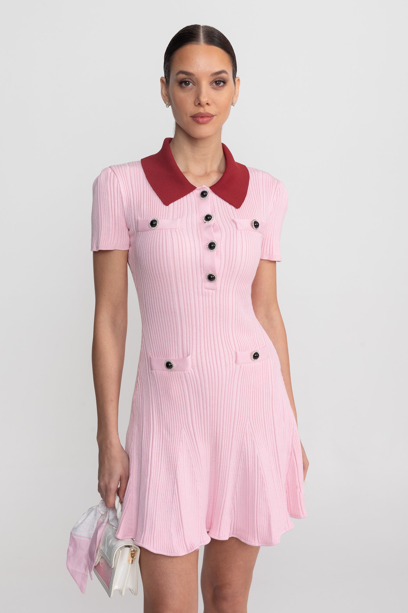 Pink Contrast Collar Ribbed Mini Dress
