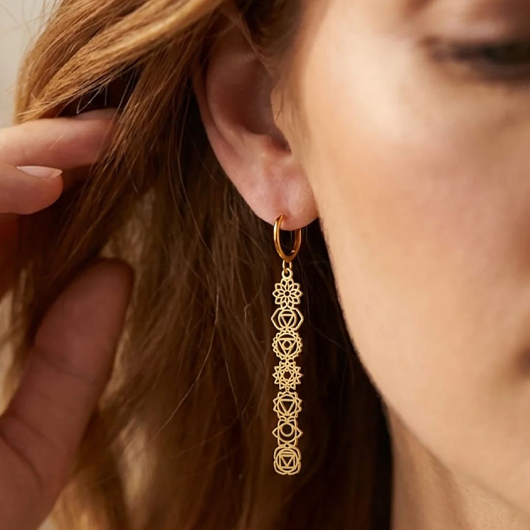 Close-up of the detailed chakra symbols on earrings - KARMAKIND