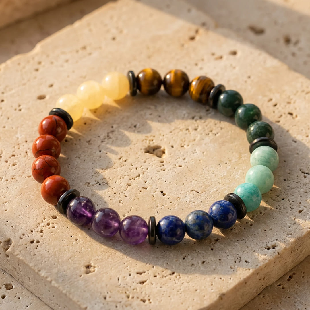 Detail of the different colored stones on the 7 Chakras bracelet - KARMAKIND