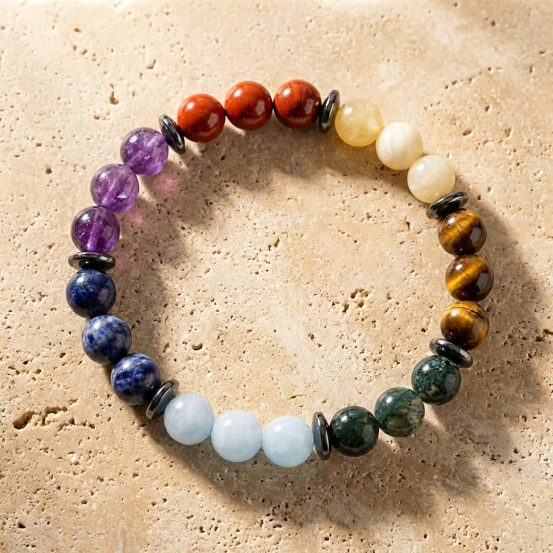 Woman wearing the 7 Chakras Harmonization Bracelet - KARMAKIND