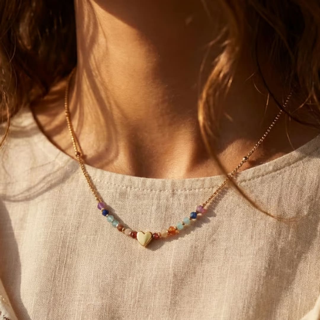 Close-up of the 7 chakra beads on the Path of the Heart necklace - KARMAKIND