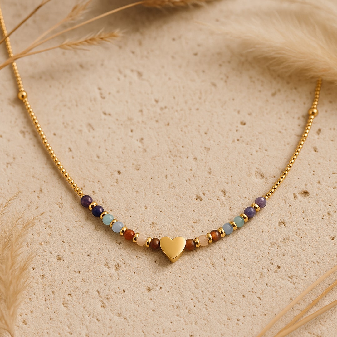 Model wearing the 7 Chakras Heart Path Necklace - KARMAKIND