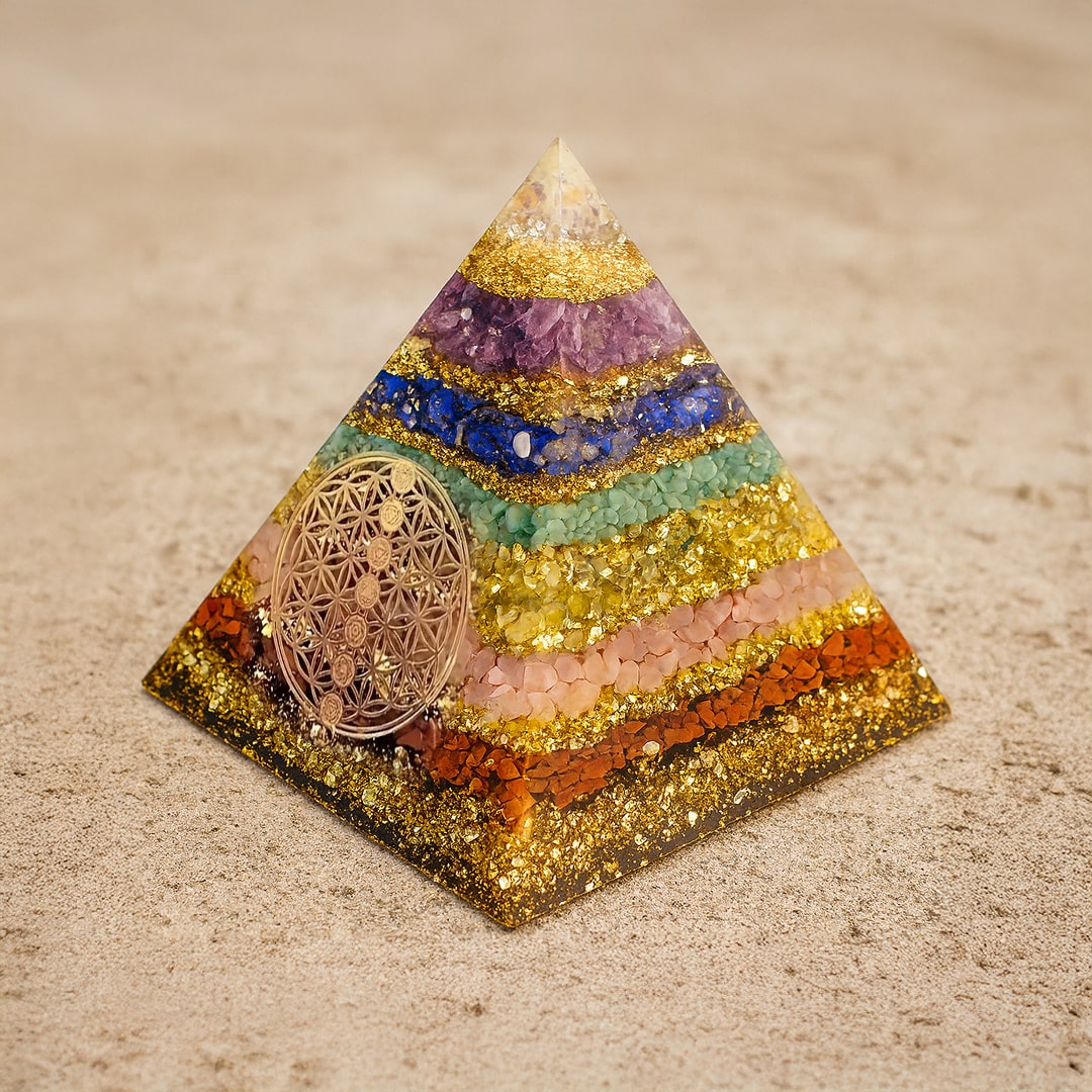 The Flower of Life symbol at the heart of the orgonite pyramid - KARMAKIND